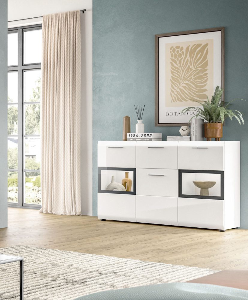 INOSIGN Sideboard »FLORENZ, hochwertige MDF-Front,Rillenfräsung,2 Glastüren,1 Schublade« 1 Stk. tlg. Sideboard, Anrichte, Wohnzimmerschrank