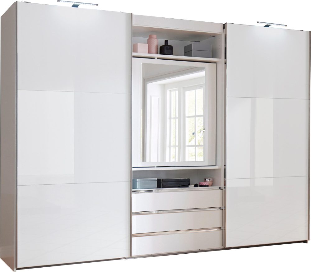 Fresh To Go Schwebetürenschrank mit drehbarer Spiegeltür, Aussentüren mit Glas