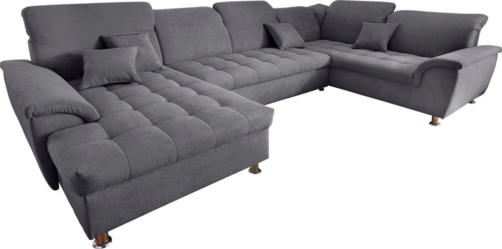 DOMO collection Wohnlandschaft »Franzi optional mit Bettfunktion, Bettkasten & Kopfteilverstellung«, XXL-Sofa, U-Form, belastbar bis 140kg/Sitz, dunkelgrau, Breite: 352cm