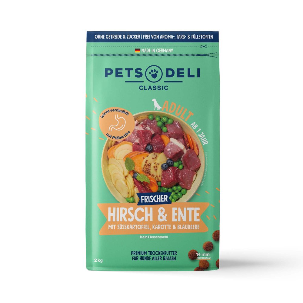 Trockenfutter Ente & Hirsch mit Süßkartoffel, Karotte & Blaubeere für Hunde - 2kg