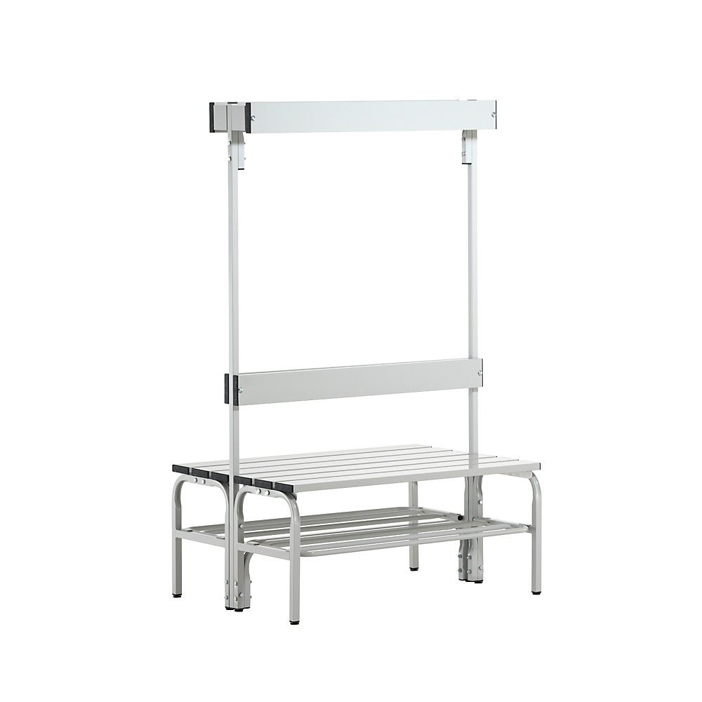 Umkleidebank aus Edelstahl, HxT 1650 x 725 mm L 1015 mm, mit Schuhrost, Hakenleiste mit 6 Haken