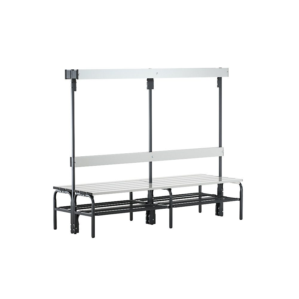 Umkleidebank aus Stahl, HxT 1650 x 725 mm L 1500 mm, ohne Schuhrost, Hakenleiste mit 12 Haken