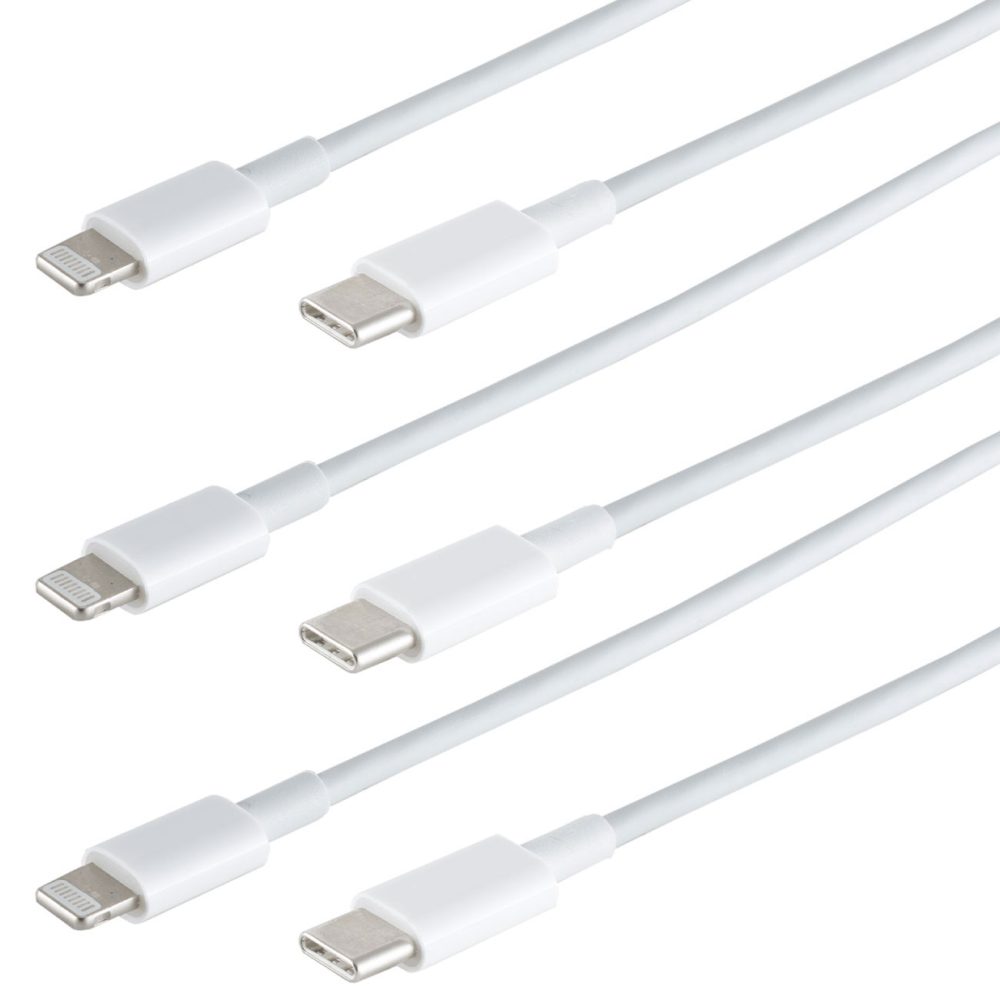 3er-Set Schnellladekabel USB-C auf Lightning, PD, weiss, 1 m