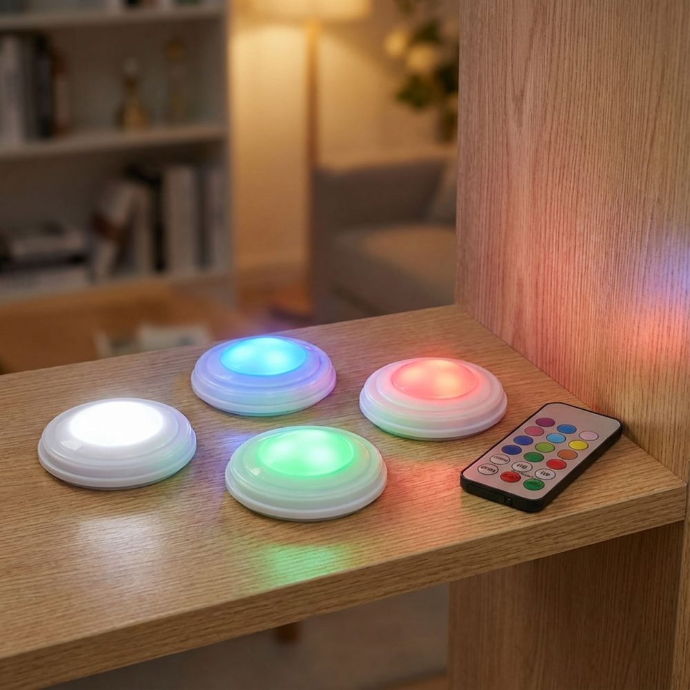 LED-Lampen 4er-Set mit Fernbedienung, Push-Lichter, 12 Farben
