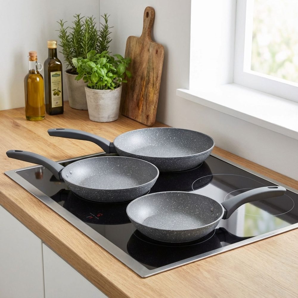 3er Bratpfannen-Set (20, 24, 28 cm), grau-marmoriert, Antihaft-Beschichtung