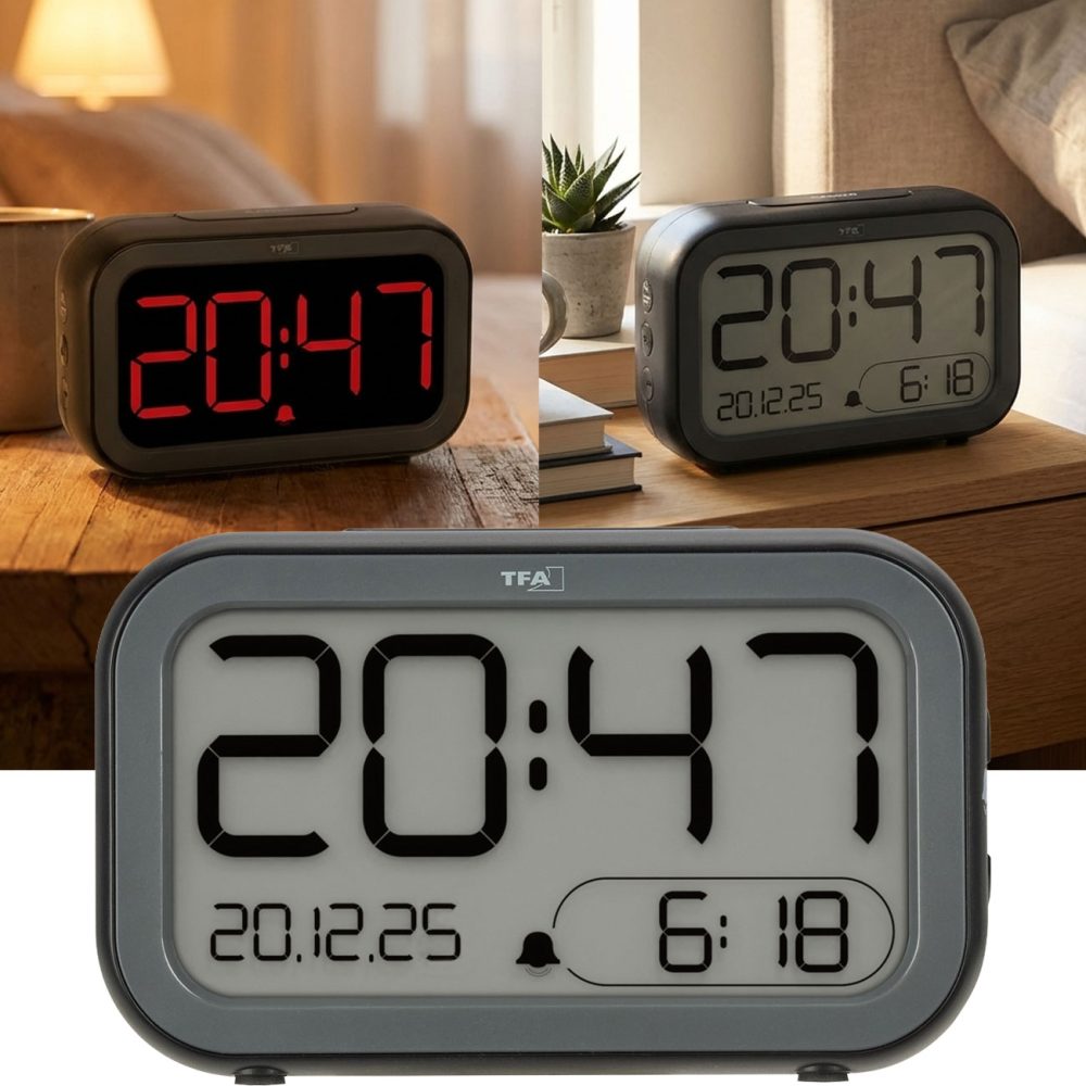 TFA Dostmann 60.2048.01 Quarz Wecker Schwarz, Anthracite Black Alarmzeiten 1 negatives Display