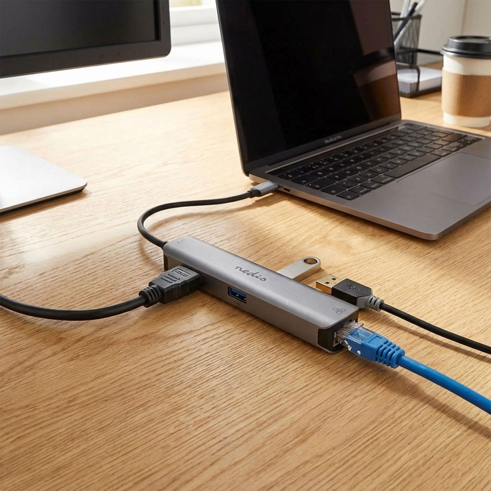 USB-Multi-Port-Adapter | USB 3.2 Gen 1 | USB-C? Stecker | HDMI? Buchse / RJ45 Buchse / 3x USB-A Buchse | 5 Gbps | 0,20 m | Rund | Vergoldet | PVC | Anthrazit | Box