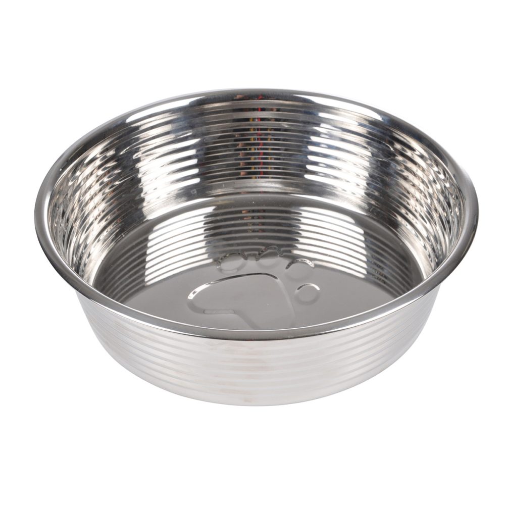 Fressnapf aus Edelstahl, Futternapf mit Rillen und Pfotenmotiv, silber, Ø 17 cm