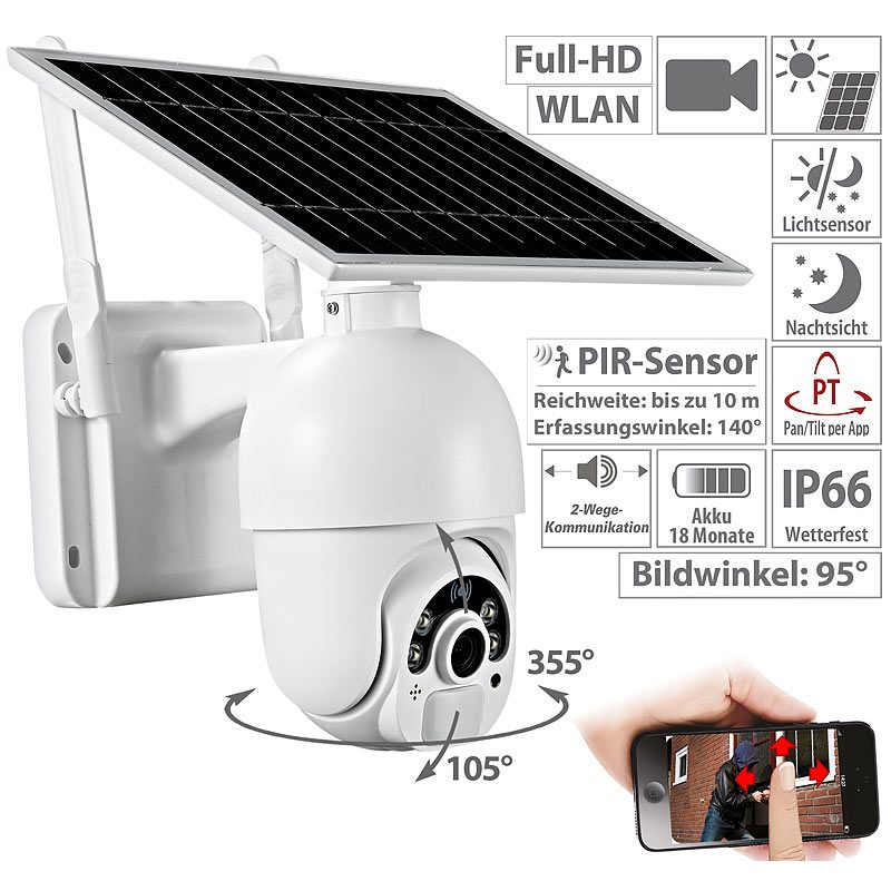 Pan-Tilt-Ã?berwachungskamera mit Full HD, WLAN, Akku, Solarpanel, IP66 / Ã?berwachungskamera