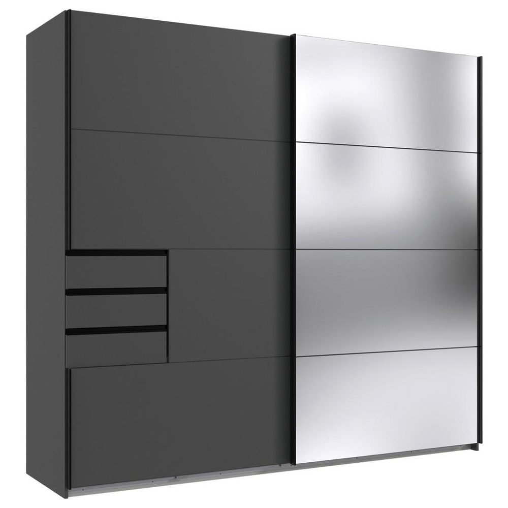 MID.YOU Schwebetürenschrank in graphitfarben , Saigon , Metall , 4 Fächer , 3 Schubladen , 225x210x64 cm , Dekorfolie,Dekorfolie,Nachbildung,Nachbildung , 001787040009