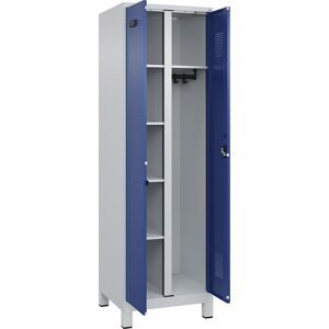 Putzmittelspind Evolo PLUS, 1 Abteil, Trennwand mittig, lichtgrau / enzianblau, B 600 mm, mit breiten Füßen, Zylinderschloss