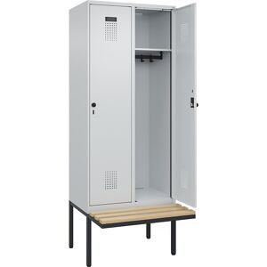 Spind Evolo PLUS Sitzbank, 2 Abteile, lichtgrau / lichtgrau, B 800 mm, Sicherheits-Drehriegel, mit auskragender Sitzbank, Buche