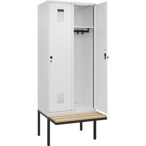 Spind Evolo PLUS Sitzbank, 2 Abteile, weiß, B 800 mm, Sicherheits-Drehriegel, mit auskragender Sitzbank, Buche