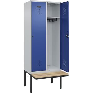 Spind Evolo PLUS Sitzbank, 2 Abteile, lichtgrau / enzianblau, B 800 mm, Zylinderschloss, mit auskragender Sitzbank, Buche