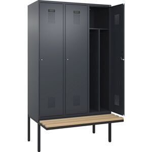 Spind Evolo PLUS mit Trennwand mittig und Sitzbank, 3 Abteile, Trennwand mittig, grau, B 1200 mm, Zylinderschloss, mit auskragender Sitzbank, Buche