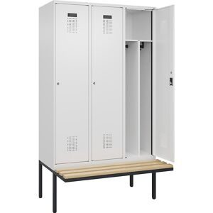 Spind Evolo PLUS mit Trennwand mittig und Sitzbank, 3 Abteile, Trennwand mittig, weiß, B 1200 mm, Zylinderschloss, mit auskragender Sitzbank, Buche