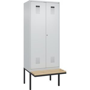 Schwarz-Weiß-Spind Evolo PLUS Sitzbank, 2 Abteile, lichtgrau / lichtgrau, B 800 mm, Zylinderschloss, mit auskragender Sitzbank, Buche