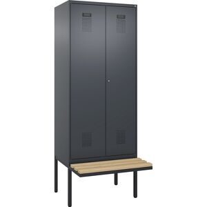 Schwarz-Weiß-Spind Evolo PLUS Sitzbank, 2 Abteile, grau, B 800 mm, Zylinderschloss, mit auskragender Sitzbank, Buche