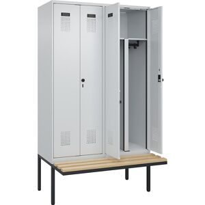 Schwarz-Weiß-Spind Evolo PLUS Sitzbank, 4 Abteile, lichtgrau / lichtgrau, B 1200 mm, Sicherheits-Drehriegel, mit auskragender Sitzbank, Buche