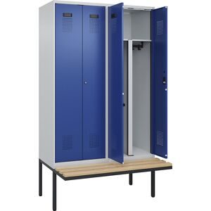 Schwarz-Weiß-Spind Evolo PLUS Sitzbank, 4 Abteile, lichtgrau / enzianblau, B 1200 mm, Zylinderschloss, mit auskragender Sitzbank, Buche