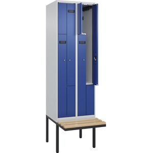 Z-Spind Evolo PLUS Sitzbank, 2 Abteile, lichtgrau / enzianblau, B 600 mm, Zylinderschloss, mit auskragender Sitzbank, Buche