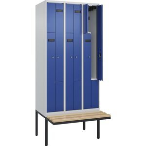 Z-Spind Evolo PLUS Sitzbank, 3 Abteile, lichtgrau / enzianblau, B 900 mm, Zylinderschloss, mit auskragender Sitzbank, Buche