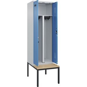 Schwarz-Weiß-Spind Evolo PLUS Sitzbank, 2 Abteile, lichtgrau / lichtblau, B 600 mm, Zylinderschloss, mit untergebauter Sitzbank, Buche