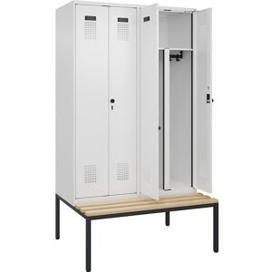 Schwarz-Weiß-Spind Evolo PLUS Sitzbank, 4 Abteile, weiß, B 1200 mm, Sicherheits-Drehriegel, mit untergebauter Sitzbank, Buche