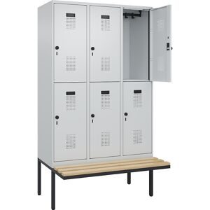 Doppelstock-Spind Evolo PLUS Sitzbank, 3 Abteile, lichtgrau / lichtgrau, B 1200 mm, Sicherheits-Drehriegel, mit auskragender Sitzbank, Buche