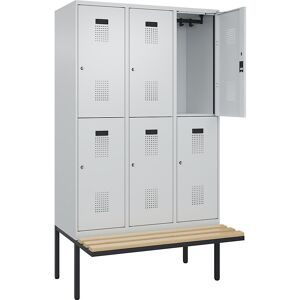 Doppelstock-Spind Evolo PLUS Sitzbank, 3 Abteile, lichtgrau / lichtgrau, B 1200 mm, Zylinderschloss, mit auskragender Sitzbank, Buche