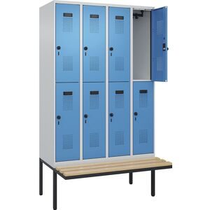 Doppelstock-Spind Evolo PLUS Sitzbank, 4 Abteile, lichtgrau / lichtblau, B 1200 mm, Sicherheits-Drehriegel, mit auskragender Sitzbank, Buche