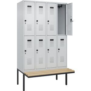 Doppelstock-Spind Evolo PLUS Sitzbank, 4 Abteile, lichtgrau / lichtgrau, B 1200 mm, Sicherheits-Drehriegel, mit auskragender Sitzbank, Buche