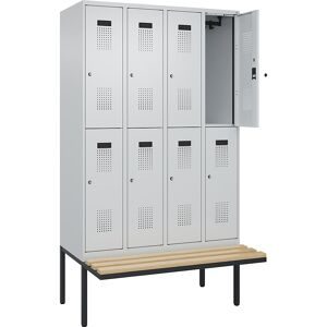 Doppelstock-Spind Evolo PLUS Sitzbank, 4 Abteile, lichtgrau / lichtgrau, B 1200 mm, Zylinderschloss, mit auskragender Sitzbank, Buche