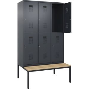 Doppelstock-Spind Evolo PLUS Sitzbank, 3 Abteile, grau, B 1200 mm, Zylinderschloss, mit untergebauter Sitzbank, Buche