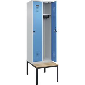Spind Evolo PLUS Sitzbank, 2 Abteile, lichtgrau / lichtblau, B 600 mm, Sicherheits-Drehriegel, mit untergebauter Sitzbank, Buche