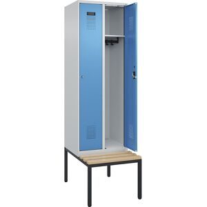 Spind Evolo PLUS Sitzbank, 2 Abteile, lichtgrau / lichtblau, B 600 mm, Zylinderschloss, mit untergebauter Sitzbank, Buche