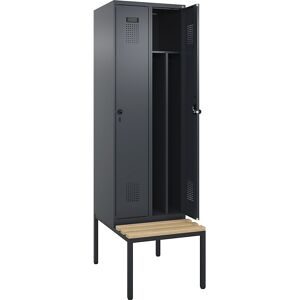 Spind Evolo PLUS mit Trennwand mittig und Sitzbank, 2 Abteile, Trennwand mittig, grau, B 600 mm, Sicherheits-Drehriegel, mit untergebauter Sitzbank, Buche