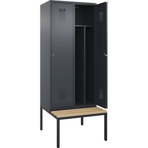 Spind Evolo PLUS mit Trennwand mittig und Sitzbank, 2 Abteile, Trennwand mittig, grau, B 800 mm, Zylinderschloss, mit untergebauter Sitzbank, Buche