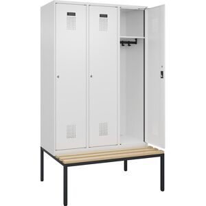 Spind Evolo PLUS Sitzbank, 3 Abteile, weiß, B 1200 mm, Zylinderschloss, mit untergebauter Sitzbank, Buche