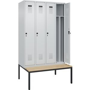 Spind Evolo PLUS mit Trennwand mittig und Sitzbank, 4 Abteile, Trennwand mittig, lichtgrau / lichtgrau, B 1200 mm, Sicherheits-Drehriegel, mit untergebauter Sitzbank, Buche
