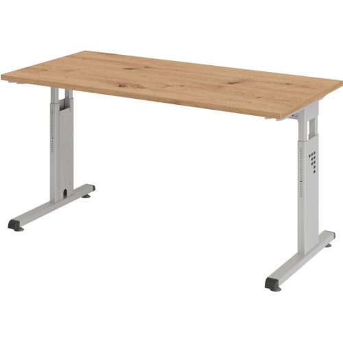 Hammerbacher, Hammerbacher Höhenverstellbarer Geradschreibtisch mit C-Fuß Express Q Eiche, Silber 1.400 x 672 x 685 - 810 mm