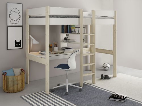 Lüttenhütt Hochbett »Robin«, Liegefläche 90/200 cm, Rollrost, mit Arbeitsplatte und Regalen