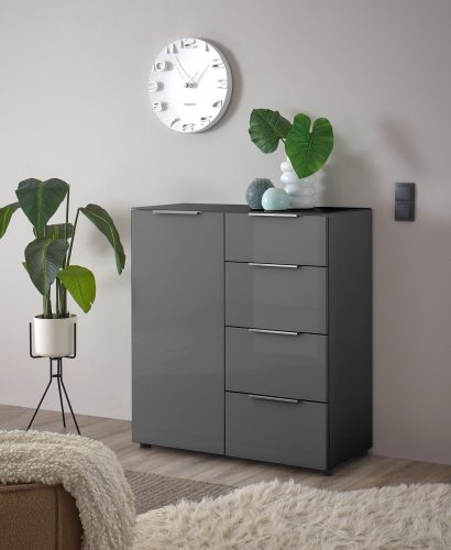 HBZ, HBZ Sideboard »Santorin Mehrzweckschrank-Universalschrank, BxHxT 90x99x40 cm« 1 Stk. tlg. Mit 1 Tür und 4 Schubkästen mit Softclose, Glasfront und Glasoberboden