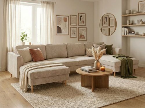 HOME AFFAIRE, Home affaire Wohnlandschaft "Booster, whlw. mit Schlaffunktion & Bettkasten, Fuss Buche lackiert" Sofa in U-Form, Breite 305 cm, in Cord oder Struktur