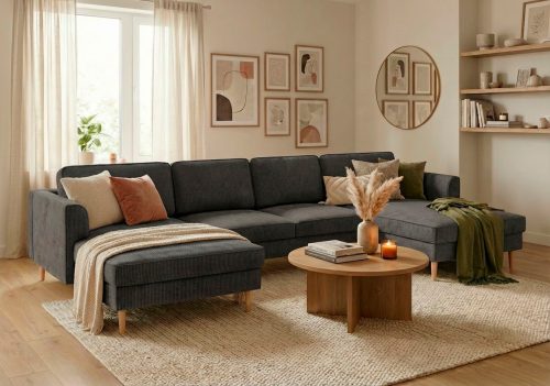 HOME AFFAIRE, Home affaire Wohnlandschaft "Booster, whlw. mit Schlaffunktion & Bettkasten, Fuss Buche lackiert" Sofa in U-Form, Breite 305 cm, in Cord oder Struktur