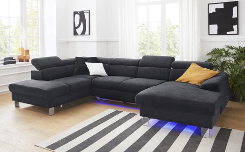 Cotta, COTTA Wohnlandschaft »Komaris«, inklusive Kopfteilverstellung, wahlweise mit Bettfunktion und RGB-LED-Beleuchtung, moderner chromfarbener Fuss