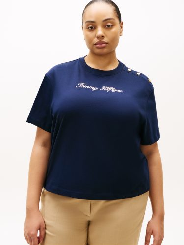 Tommy Hilfiger Curve, Tommy Hilfiger Curve Kurzarmshirt "CRV GOLD BTN SCRIPT MDRN SS TEE" in grossen Grössen, mit goldfarbenen Knöpfen