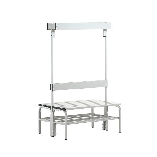 Umkleidebank aus Edelstahl, HxT 1650 x 725 mm L 1015 mm, mit Schuhrost, Hakenleiste mit 6 Haken