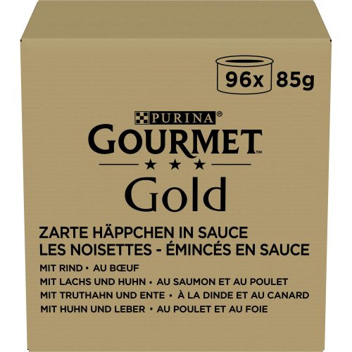 Jumbopack: Gourmet Gold 96 x 85 g - Zarte Häppchen in Sosse: Rind, Huhn & Leber, Lachs & Huhn, Truthahn & Ente