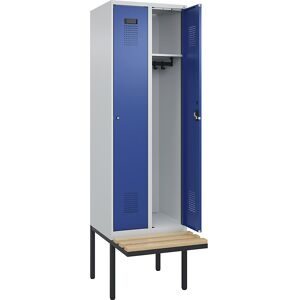 undefined, Spind Evolo PLUS Sitzbank, 2 Abteile, lichtgrau / enzianblau, B 600 mm, Zylinderschloss, mit auskragender Sitzbank, Buche